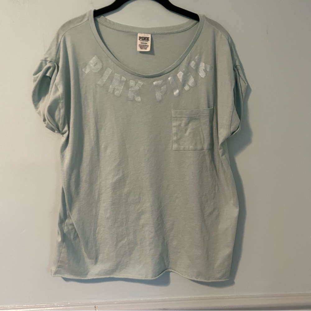 PINK Victoria’s Secret Mint Green “PINK” Print Short Sleeve T-Shirt Size Large